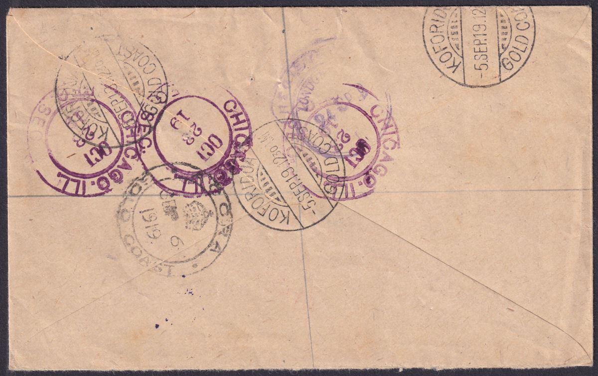 Gold Coast 1919 KGV 1d x 4 + ½d Used on Registered Cover KOFORIDUA to USA