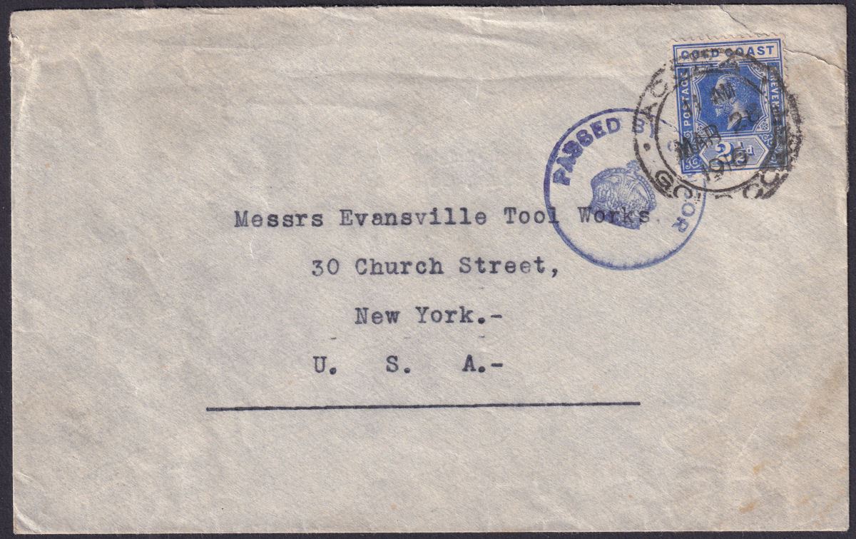 Gold Coast 1916 KGV 2½d Used on Cover Accra to New York, USA with Censor Mark