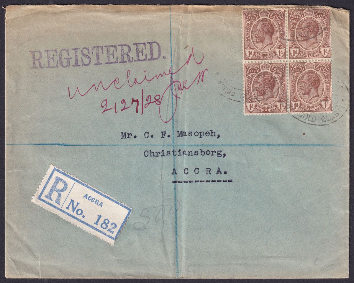 Gold Coast 1928 KGV 1d x 4 Used on Registered Local Cover to Accra