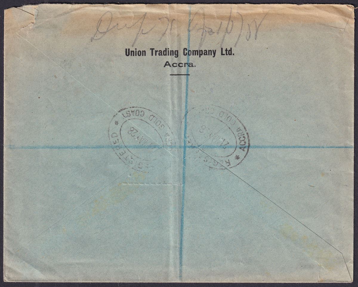 Gold Coast 1928 KGV 1d x 4 Used on Registered Local Cover to Accra