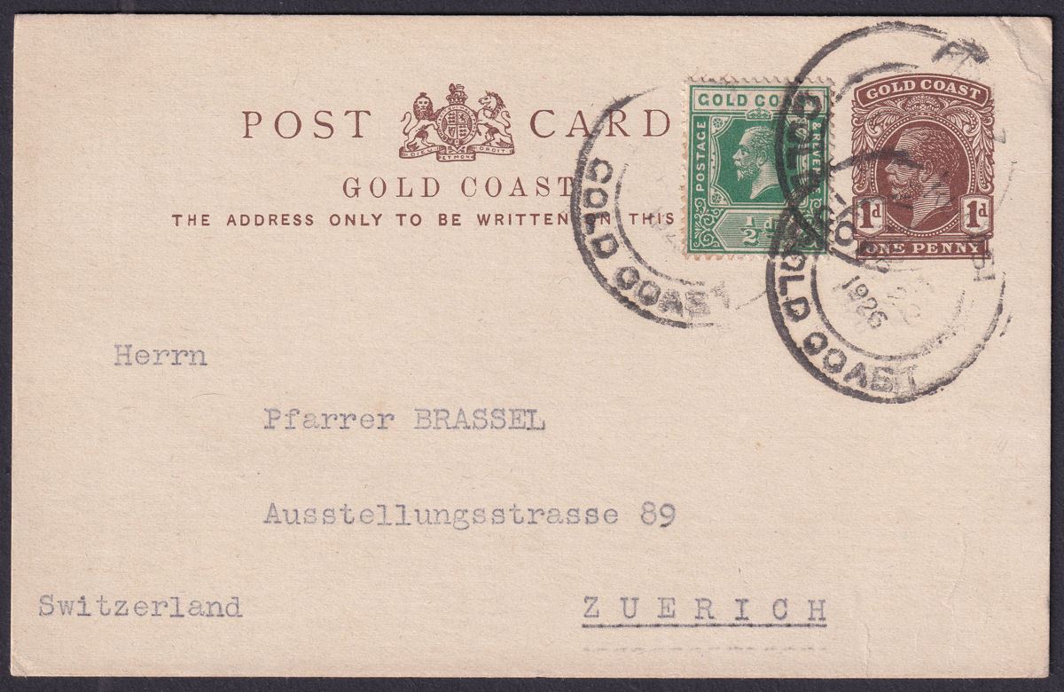Gold Coast 1926 KGV ½d on 1d Postal Stationery Postcard KUMASI to Switzerland