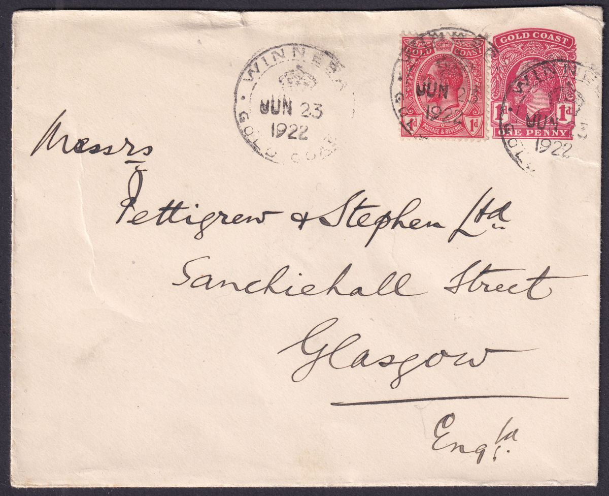 Gold Coast 1922 KGV 1d on 1d Postal Stationery Cover WINNEBA Crown Pmk to UK