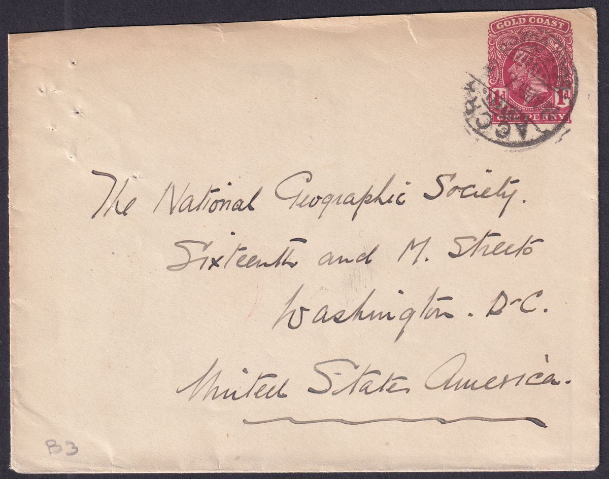 Gold Coast 1927 KGV 1d Postal Stationery Cover Used Accra to Washington, USA