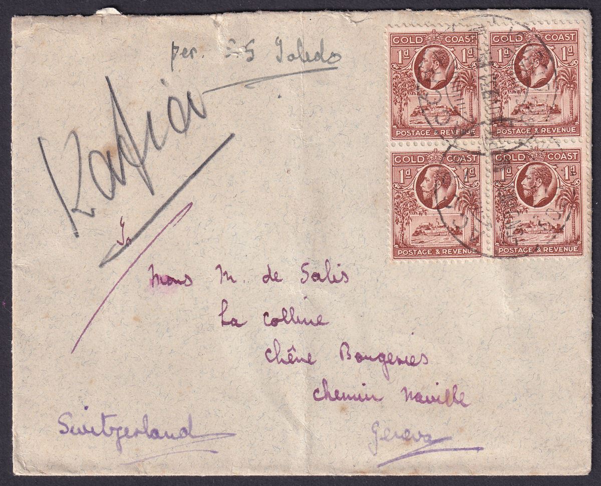 Gold Coast 1933 KGV 1d x4 Used on Cover Accra to Geneva, Switzerland