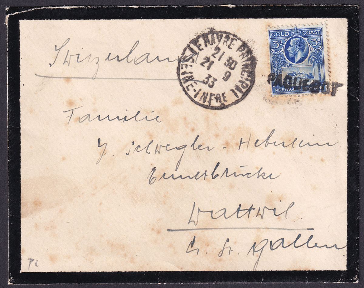 Gold Coast 1933 KGV 3d Used on Mourning Cover to Switzerland w PAQUEBOT Postmark