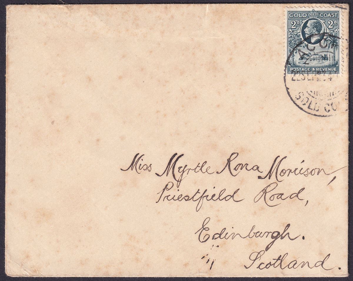 Gold Coast 1934 KGV 2d Used on Cover Accra to Edinburgh, Scotland