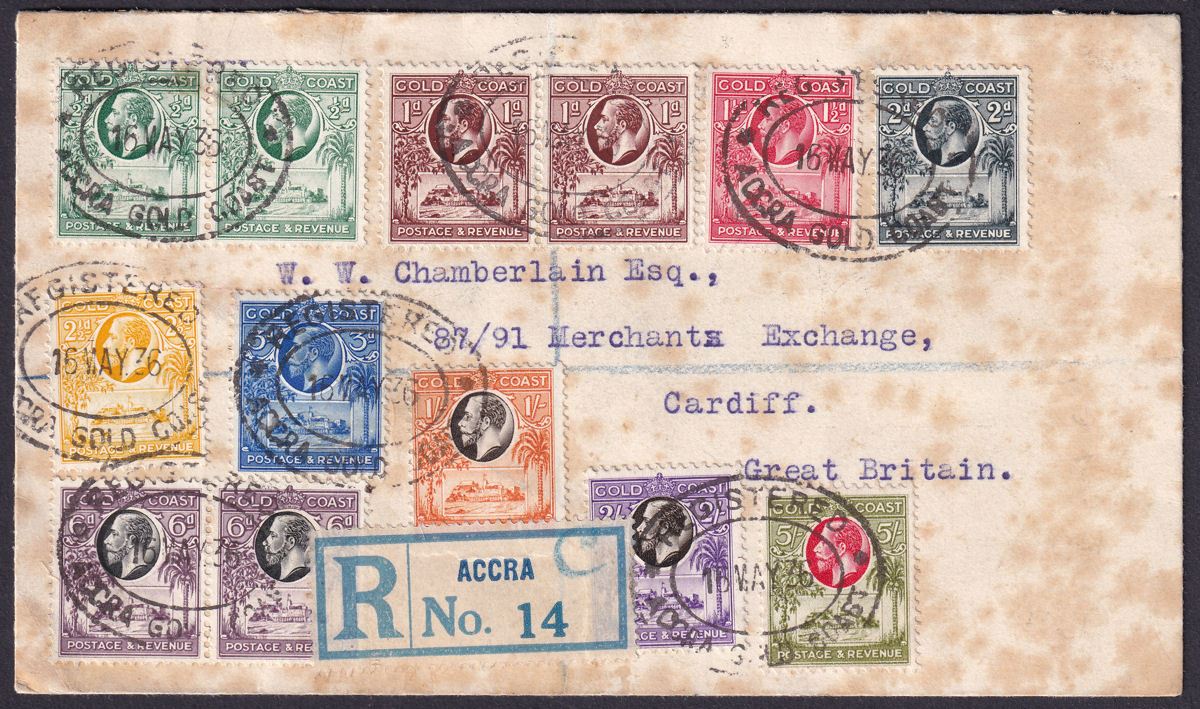 Gold Coast 1936 KGV Full Set Used on Registered Cover Accra to Cardiff, Wales