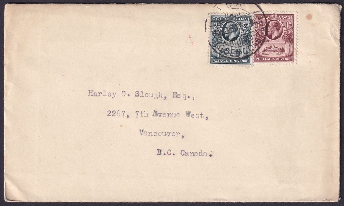 Gold Coast 1929 KGV 2d, 1d Used on Cover ADA to Vancouver, Canada with Contents