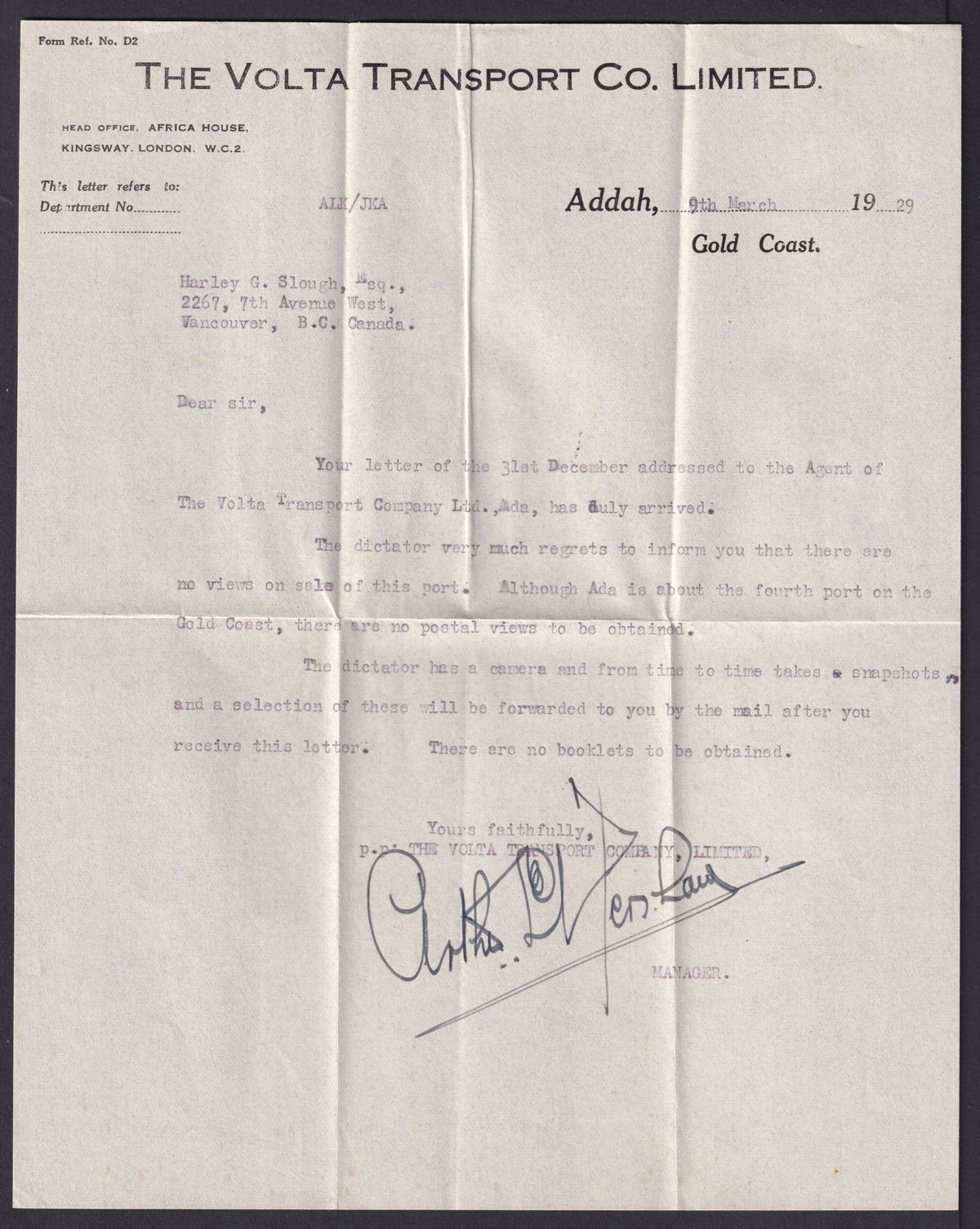 Gold Coast 1929 KGV 2d, 1d Used on Cover ADA to Vancouver, Canada with Contents