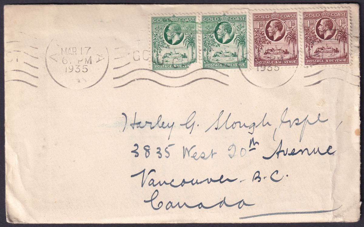 Gold Coast 1935 KGV ½d x2, 1d x2 Used on Cover Accra to Vancouver, Canada