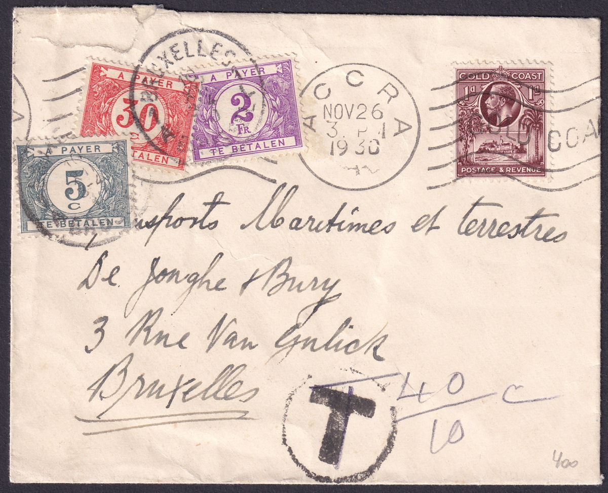 Gold Coast 1930 KGV 1d Used on Cover Accra to Belgium with 2f.35c Postage Due