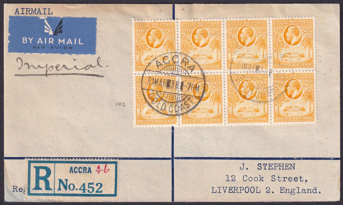 Gold Coast 1938 KGV 2½d x8 Used Registered Airmail Cover Accra to Liverpool, UK