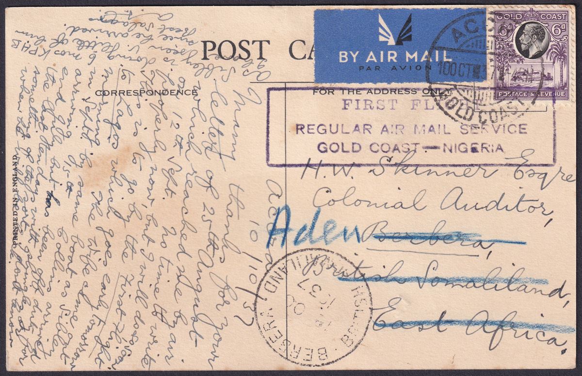 Gold Coast 1937 KGV 6d Redirected First Flight Postcard Accra - Berbera - Aden