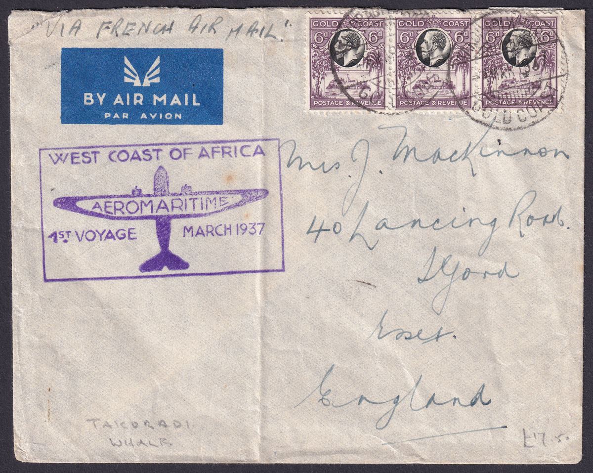 Gold Coast 1937 KGV 6d x3 Used on First Flight Cover TAKORADI WHARF to UK