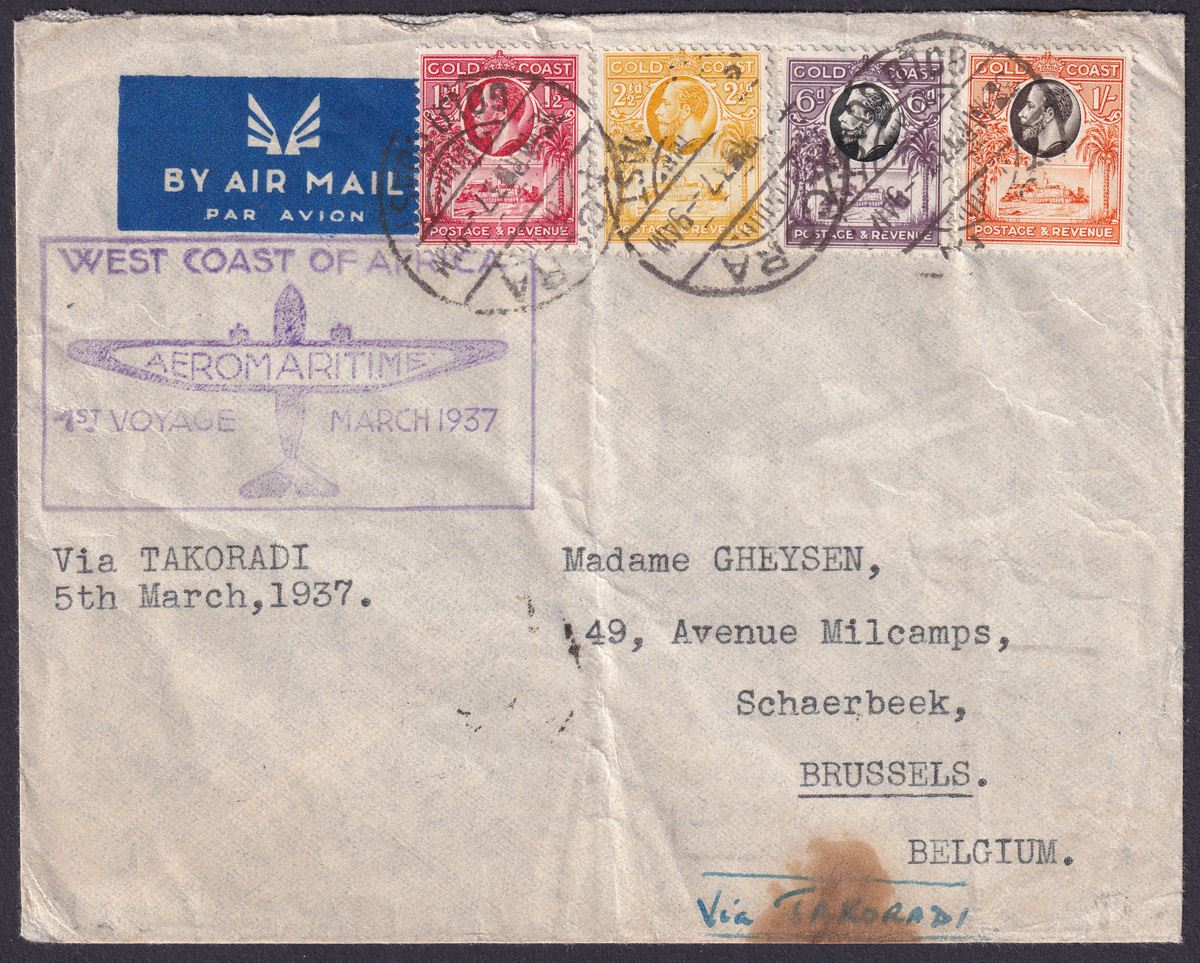 Gold Coast 1937 KGV 1sh 6d 2½d 1½d First Flight Cover Accra v TAKORADI - Belgium