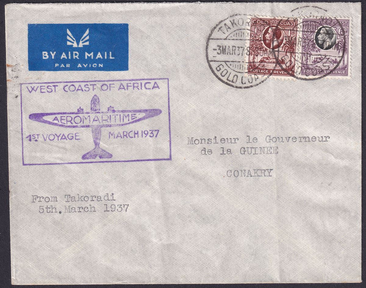 Gold Coast 1937 KGV 6d, 1d Used on First Flight Cover TAKORADI to Conakry Guinea