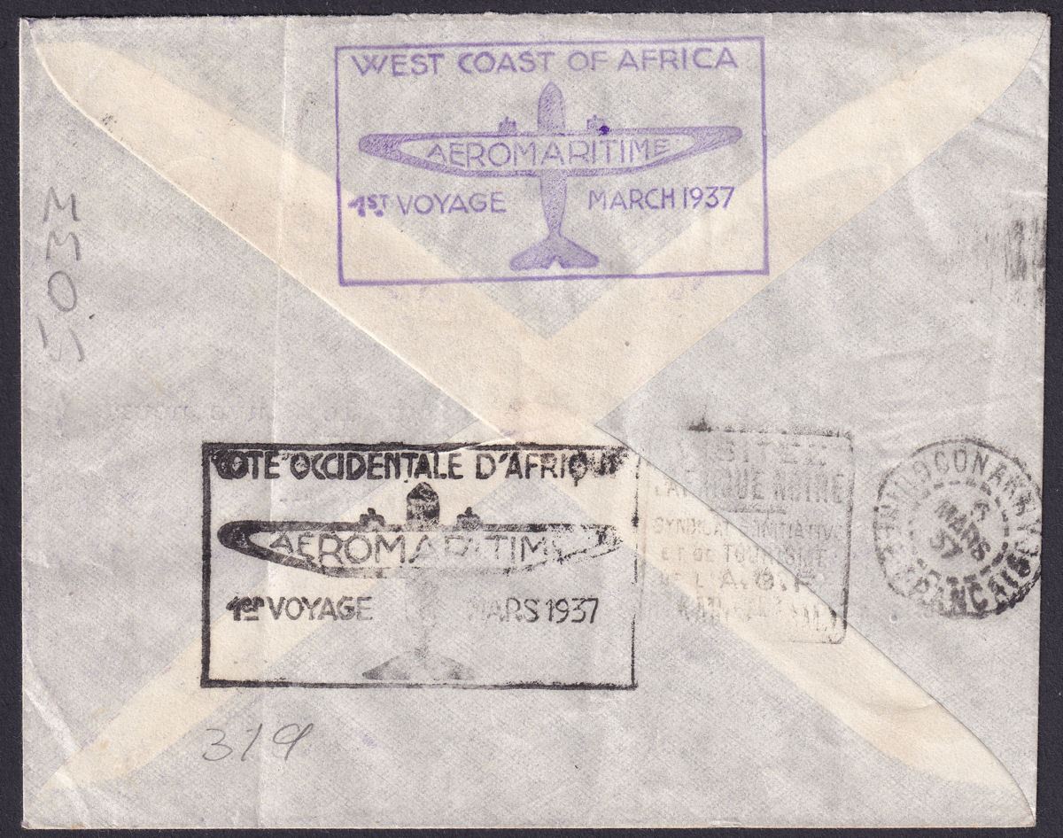 Gold Coast 1937 KGV 6d, 1d Used on First Flight Cover TAKORADI to Conakry Guinea