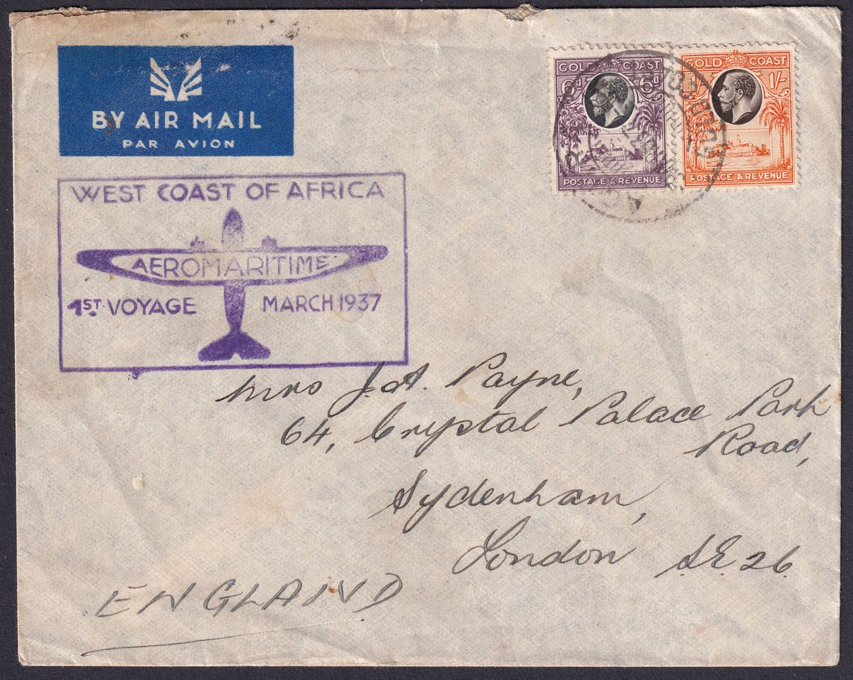 Gold Coast 1937 KGV 1sh, 6d Used on Aeromaritime First Flight Cover Accra to UK