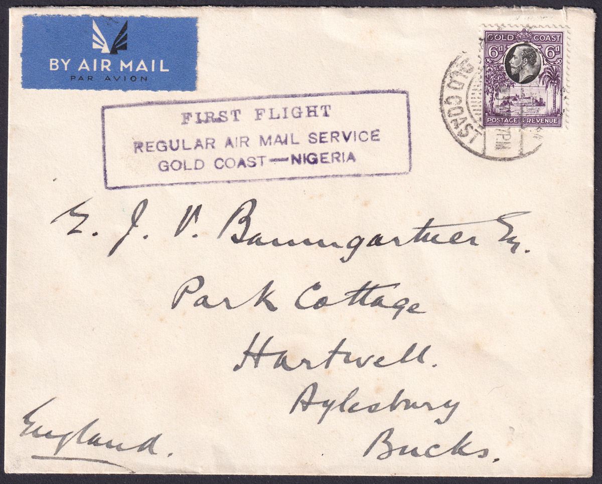 Gold Coast 1937 KGV 6d Used on Accra - Nigeria First Flight Cover to UK