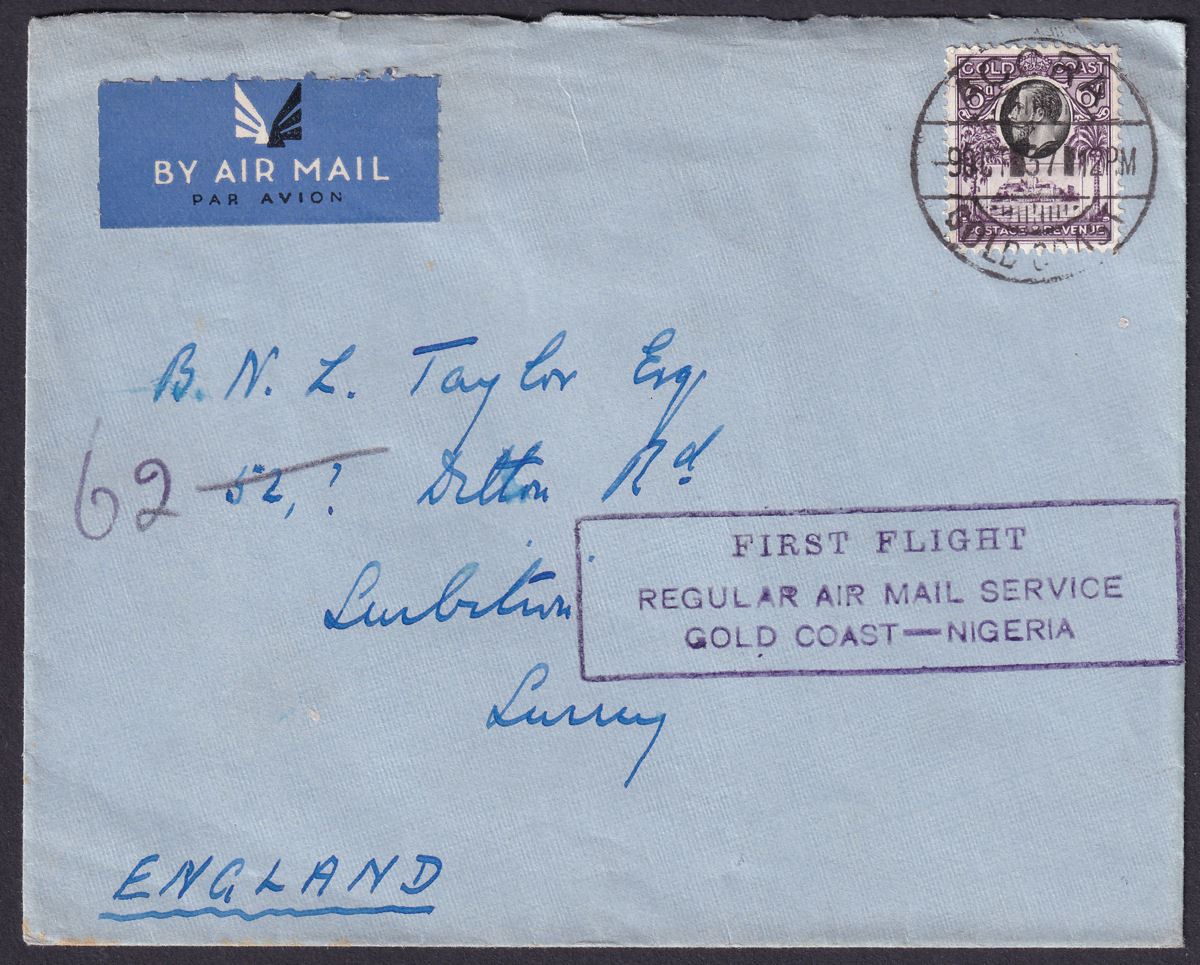 Gold Coast 1937 KGV 6d Used on Accra - Nigeria First Flight Cover to UK