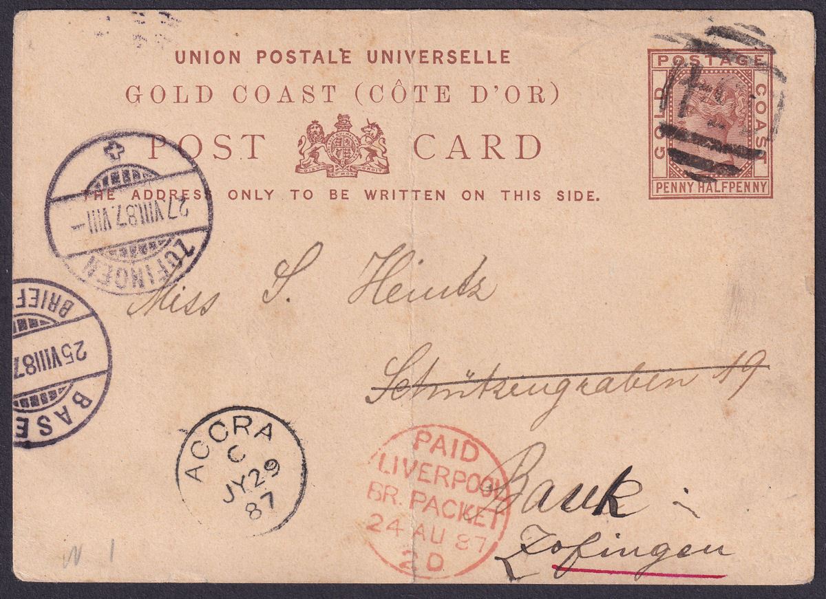 Gold Coast 1887 QV 1½d Postal Stationery Postcard Used to Switzerland