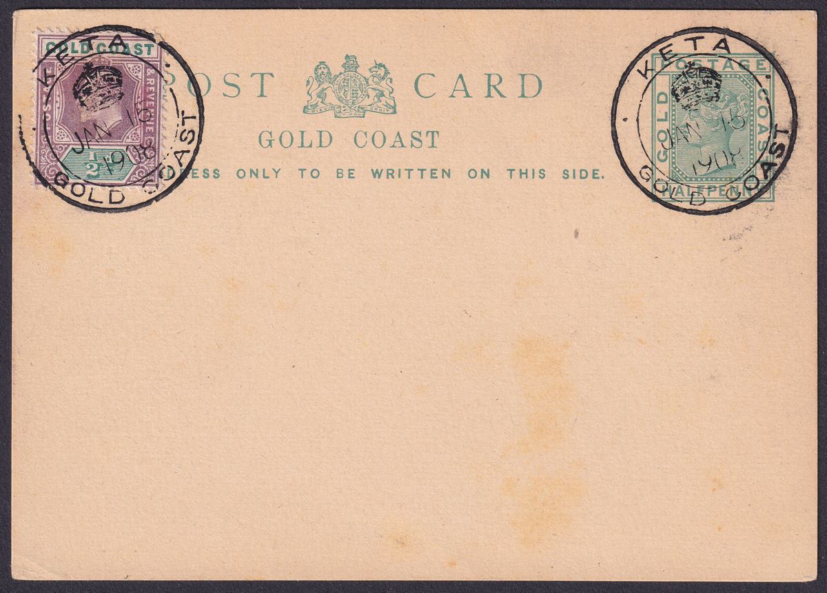 Gold Coast 1908 KEVII ½d on QV Unaddressed ½d Postal Stat Postcard Used KETA Pmk