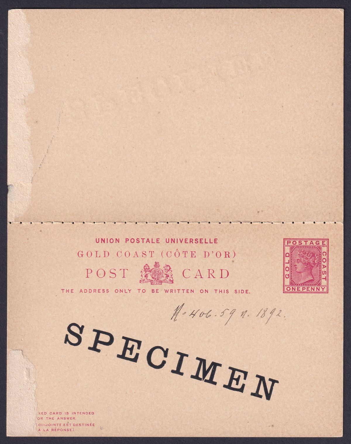 Gold Coast 1892 QV SPECIMEN Opt 1d Postal Stat Reply Postcard Unused - DAMAGED