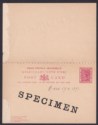 Click for more photos and details Gold Coast 1892 QV SPECIMEN Opt 1d Postal Stat Reply Postcard Unused - DAMAGED