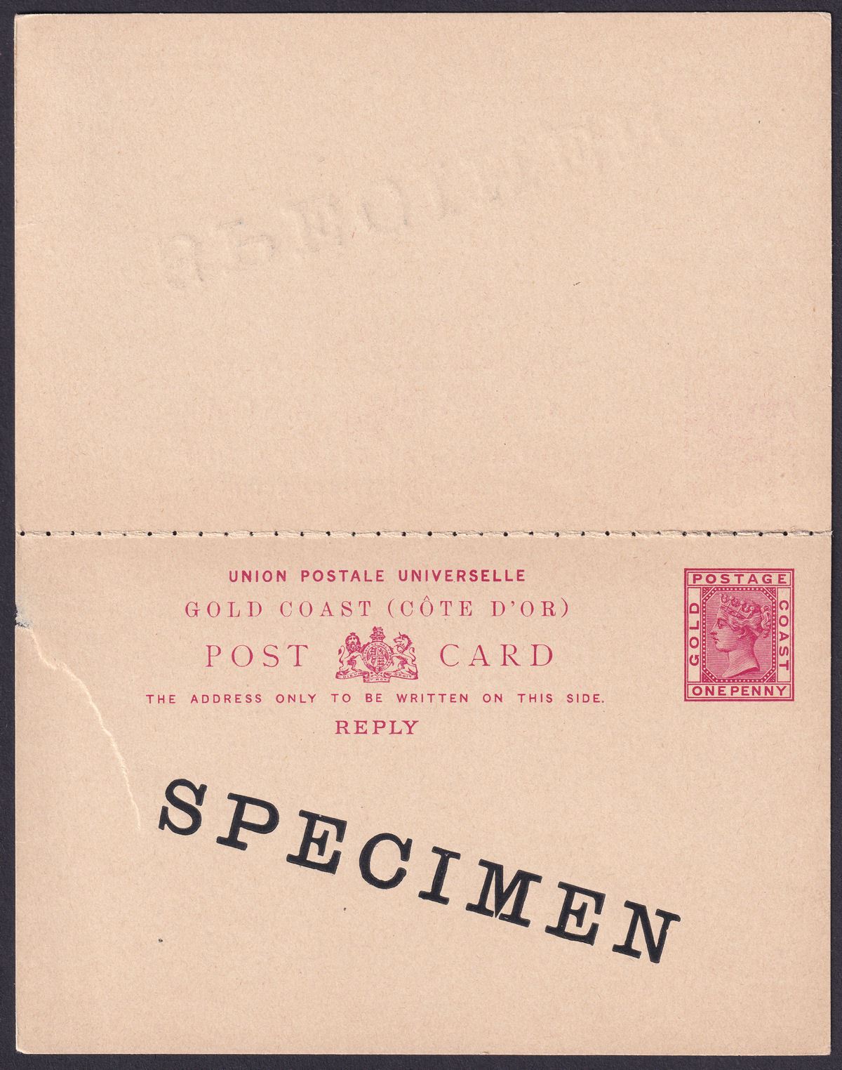 Gold Coast 1892 QV SPECIMEN Opt 1d Postal Stat Reply Postcard Unused - DAMAGED
