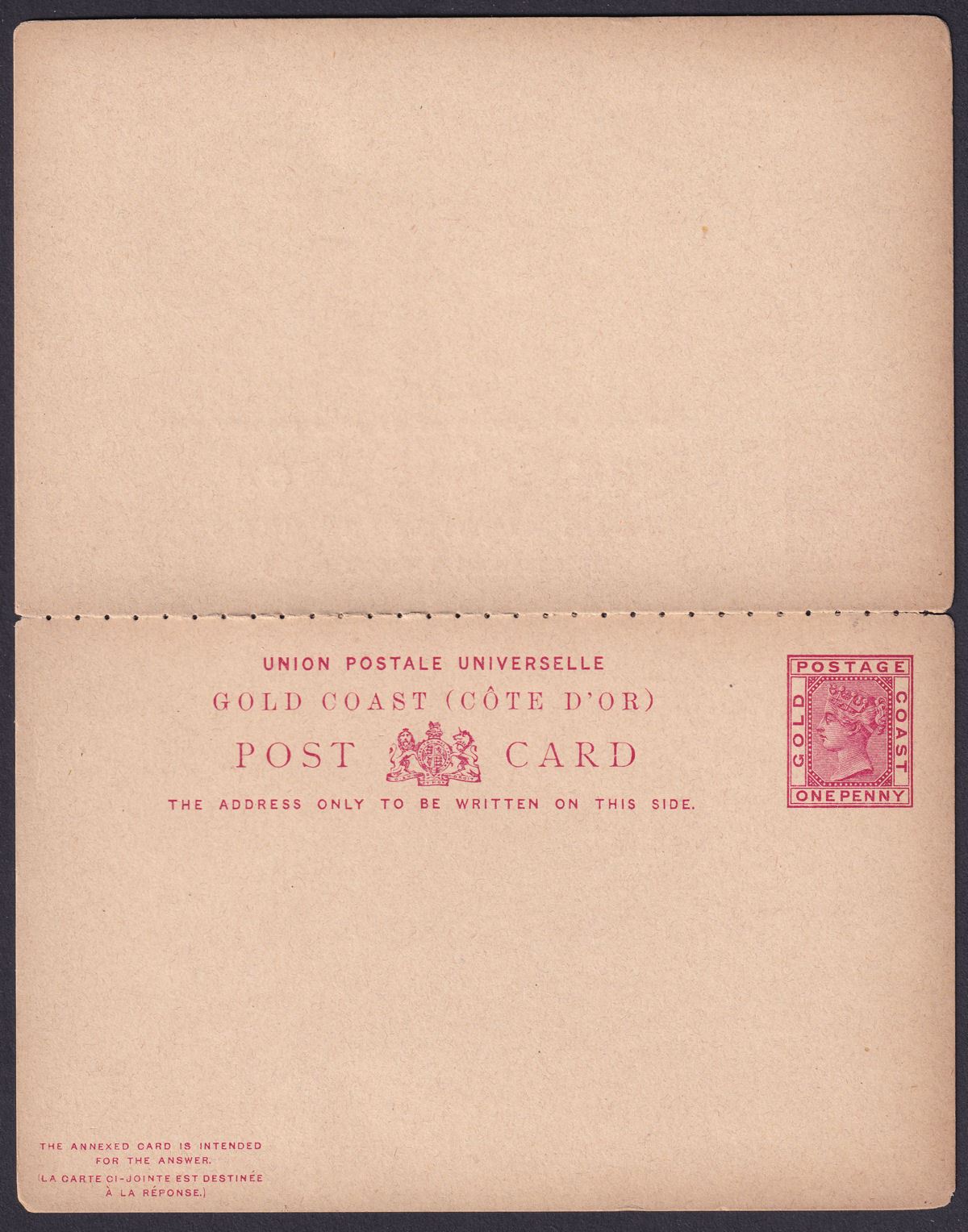 Gold Coast 1892 QV 1d Red Postal Stationery Reply Postcard Unused