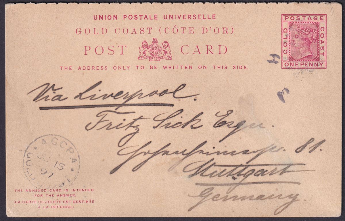 Gold Coast 1897 QV 1d Red Postal Stationery Reply Postcard Used ACCRA to Germany