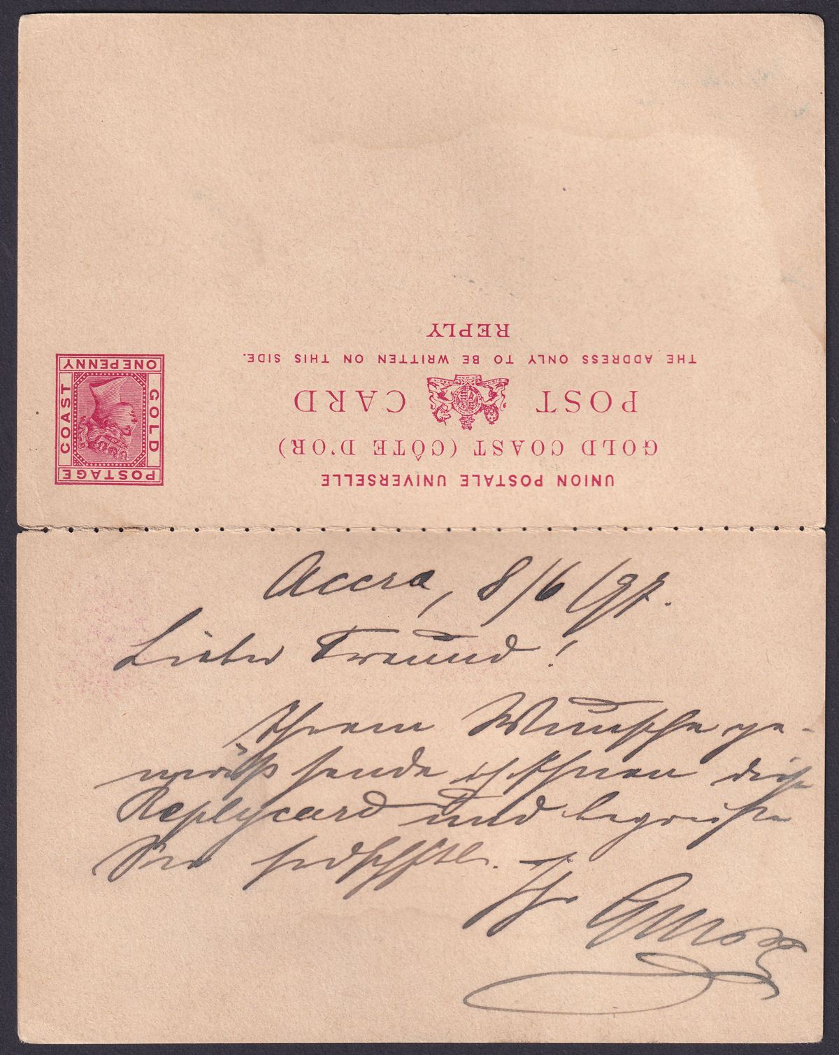 Gold Coast 1897 QV 1d Red Postal Stationery Reply Postcard Used ACCRA to Germany