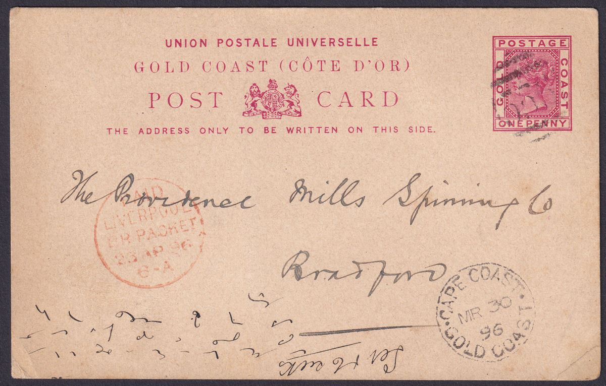 Gold Coast 1896 QV 1d Red Postal Stationery Postcard Used CAPE COAST to England