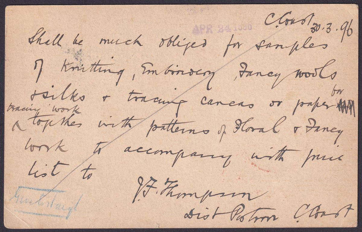 Gold Coast 1896 QV 1d Red Postal Stationery Postcard Used CAPE COAST to England