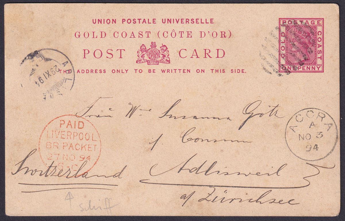 Gold Coast 1894 QV 1d Red Postal Stationery Postcard Used ACCRA to Switzerland