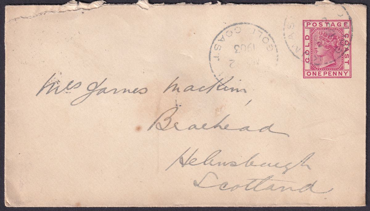 Gold Coast 1903 QV 1d Red Postal Stationery Cover Used KUMASI to Scotland
