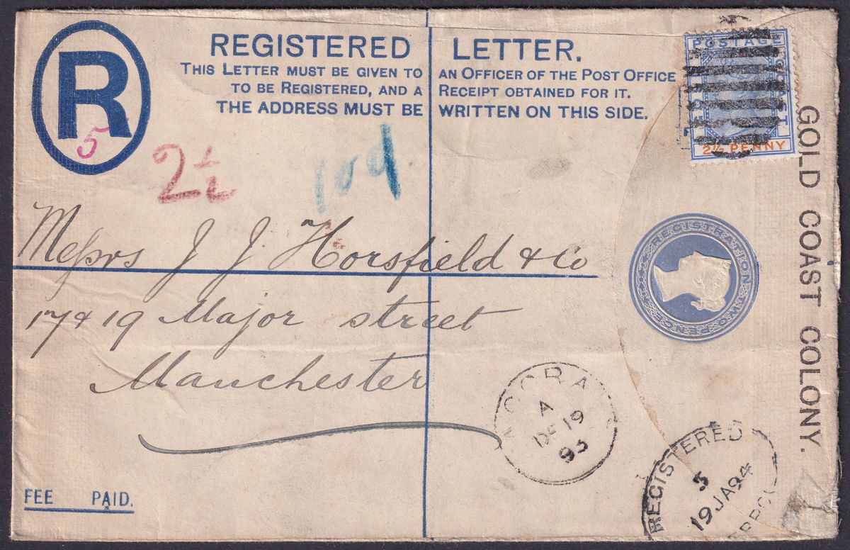 Gold Coast 1893 QV 2½d on 2d Registered Postal Stationery Cover Used ACCRA to UK