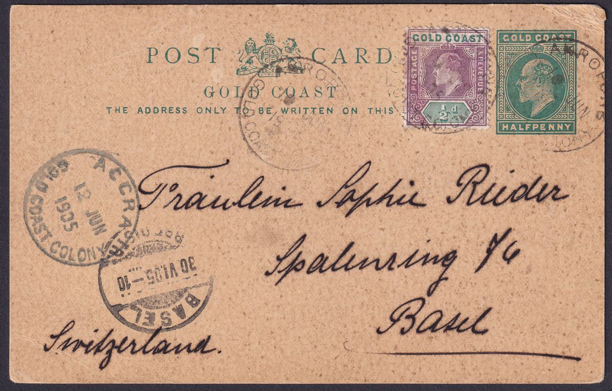 Gold Coast 1905 KEVII ½d on ½d Postal Stationery Postcard Used AKROPONG to BASEL
