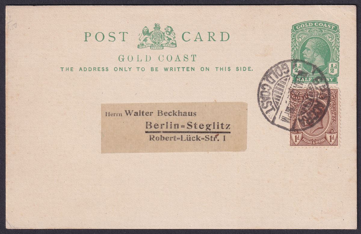 Gold Coast 1922 KGV 1d Uprating ½d Postal Stat Postcard Used Accra to Berlin