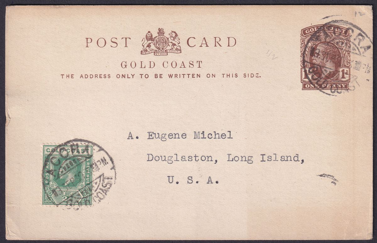 Gold Coast 1930 KGV ½d Uprating 1d Postal Stat Postcard Used Accra to USA