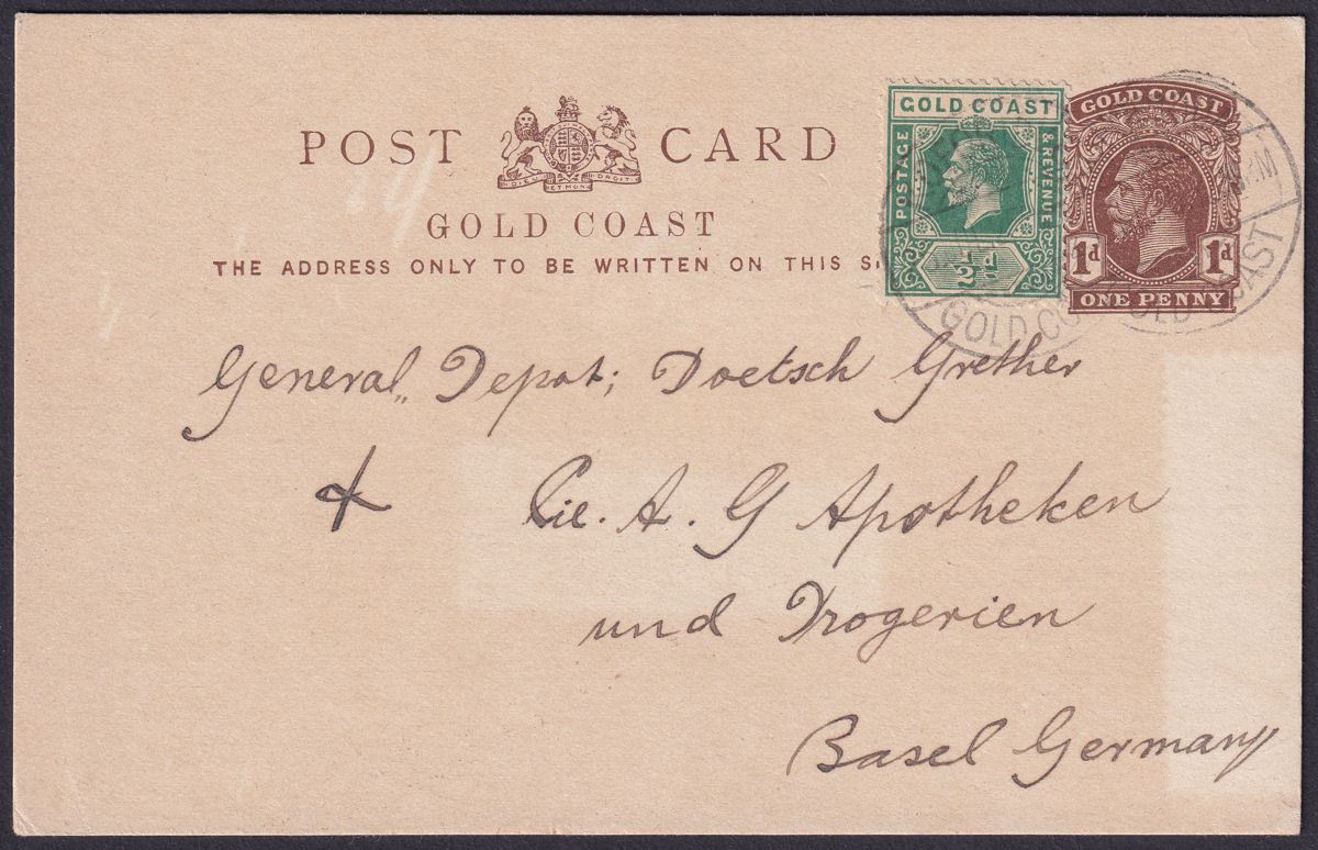 Gold Coast 1925 KGV ½d Uprating 1d Post Stat Postcard Used KOFORIDUA to Germany