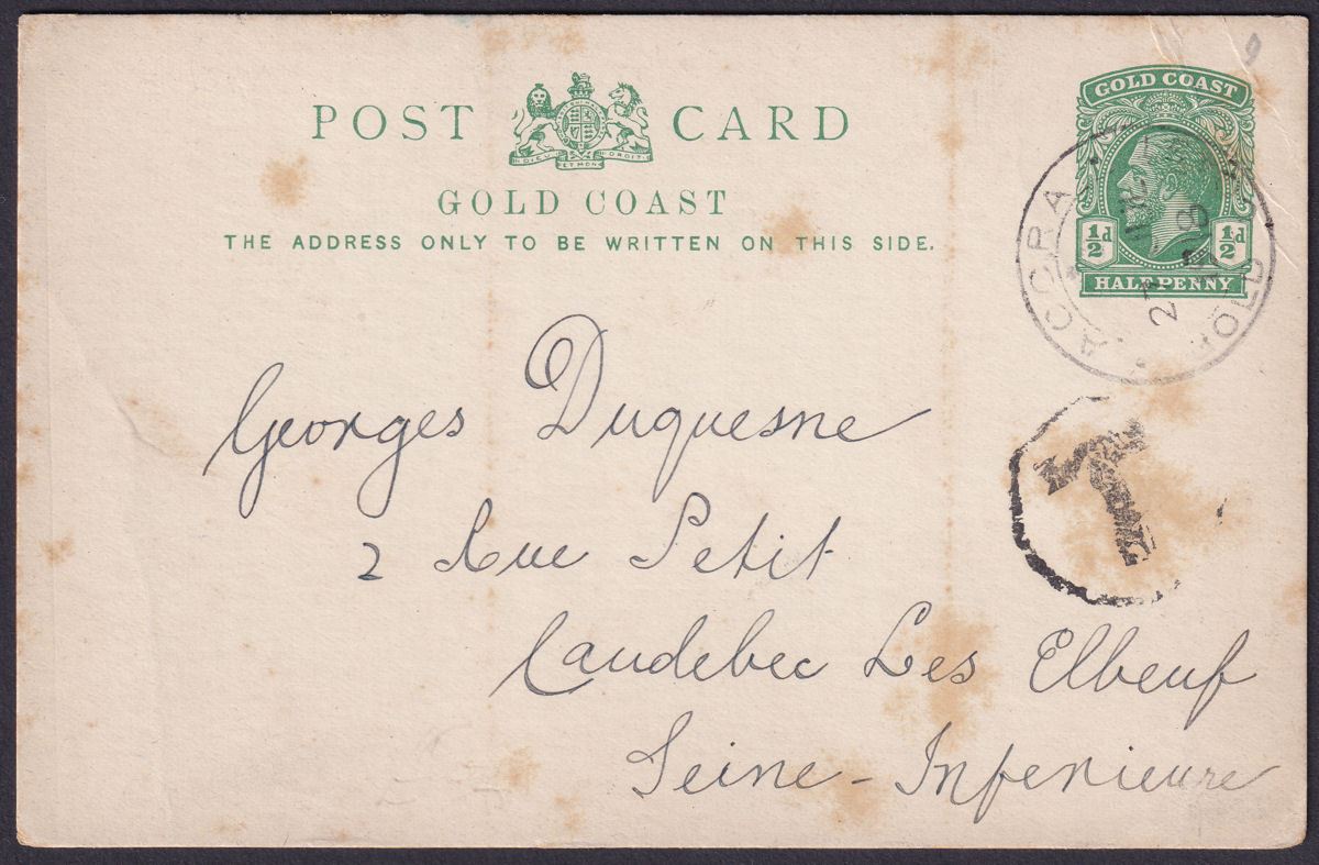 Gold Coast 1918 KGV ½d Postal Stationery Postcard Used Accra to France TAXED