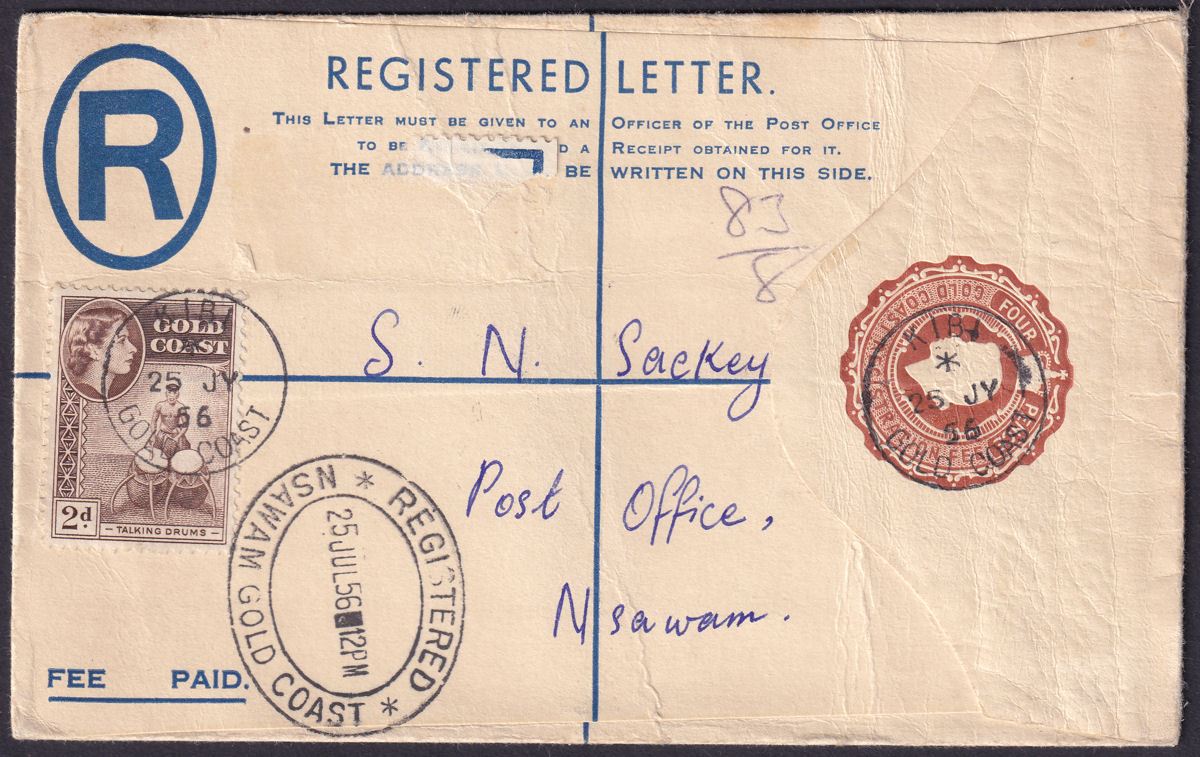 Gold Coast 1956 QEII 2d on 4d Registered Postal Stat Cover Used KIBI to NSAWAM