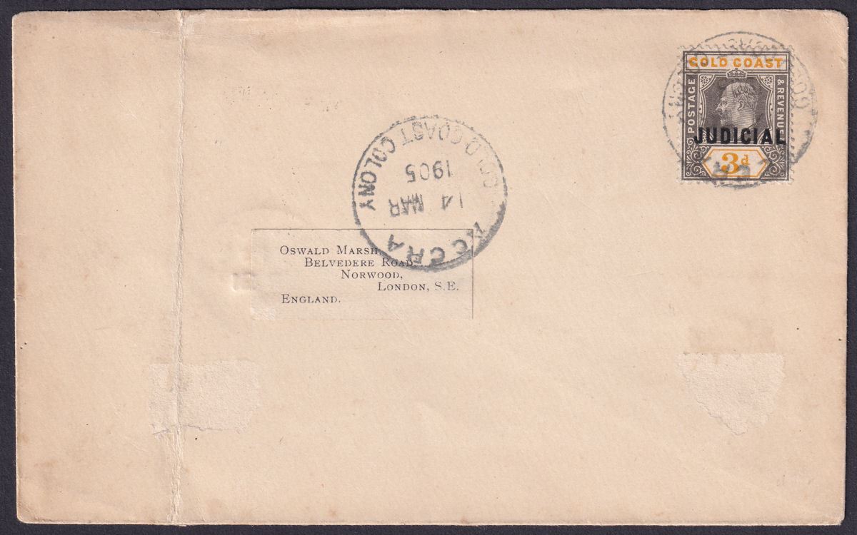 Gold Coast 1905 KEVII Revenue Judicial 3d Opt Used on Cover ACCRA to UK BF13