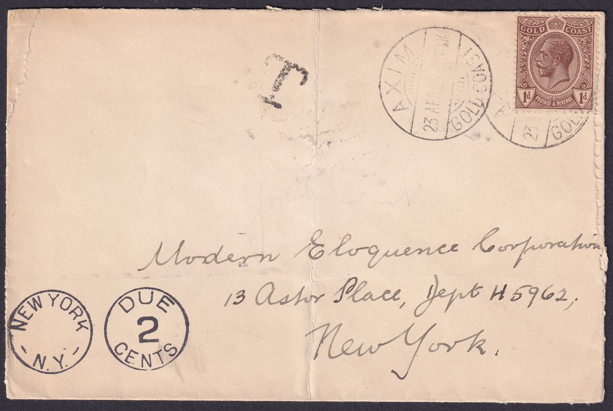 Gold Coast c1930 KGV 1d Used on Cover AXIM to New York, USA with Postage Due 2c