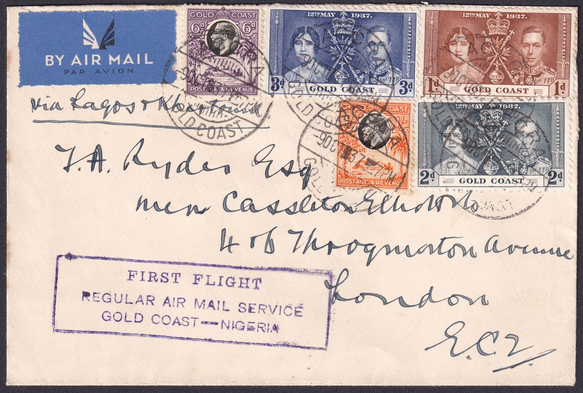 Gold Coast 1937 KGV/KGVI Selectn to 1s on Accra-Nigeria First Flight Cover to UK