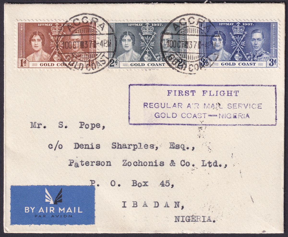 Gold Coast 1937 KGVI Coronation Set on Accra - Nigeria First Flight Cover Used