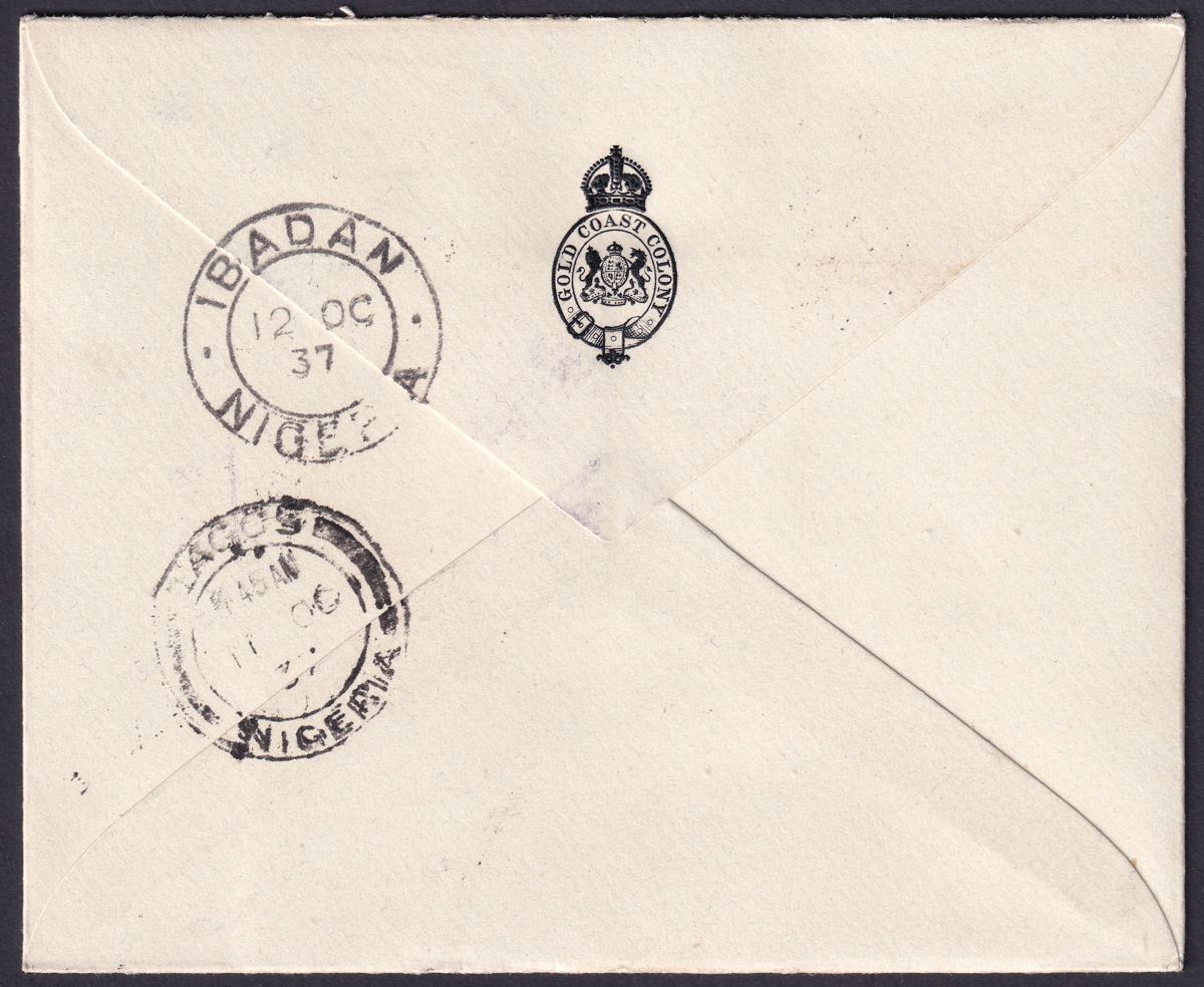Gold Coast 1937 KGVI Coronation Set on Accra - Nigeria First Flight Cover Used