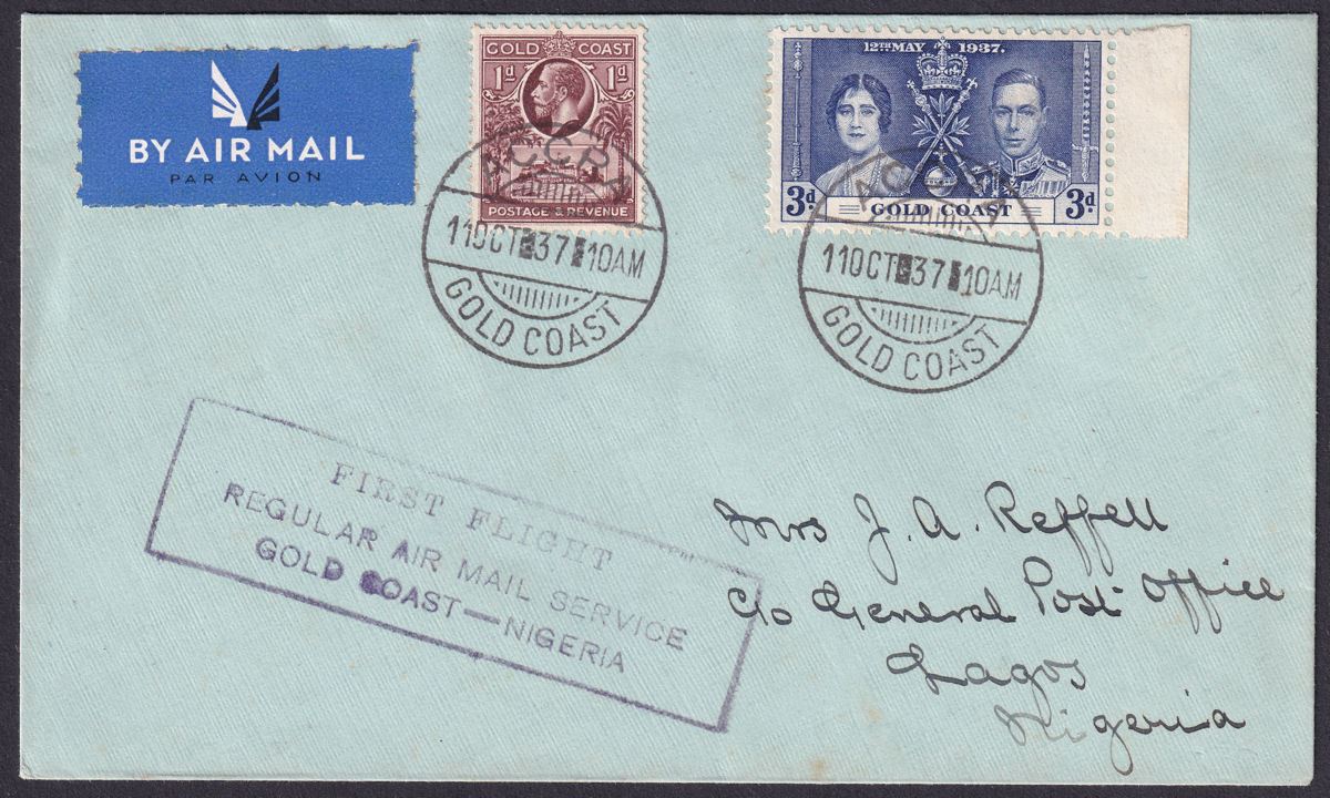 Gold Coast 1937 KGV 1d, KGVI 3d Used on Accra-Nigeria First Flight Cover