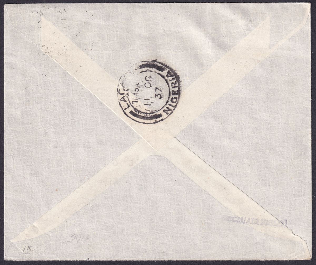 Gold Coast 1937 KGVI 3d Used on Accra-Nigeria First Flight Cover to Lagos